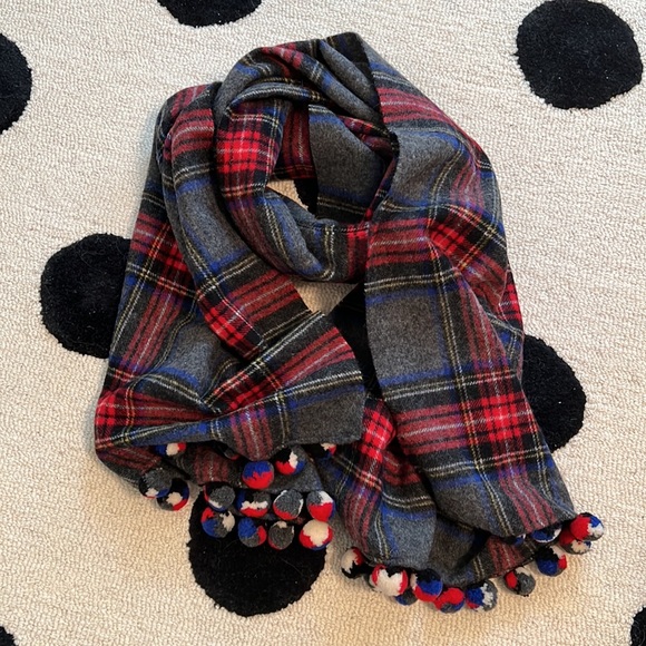 J.Crew Grey Tartan Plaid Scarf w/Pom Poms - Picture 2 of 4